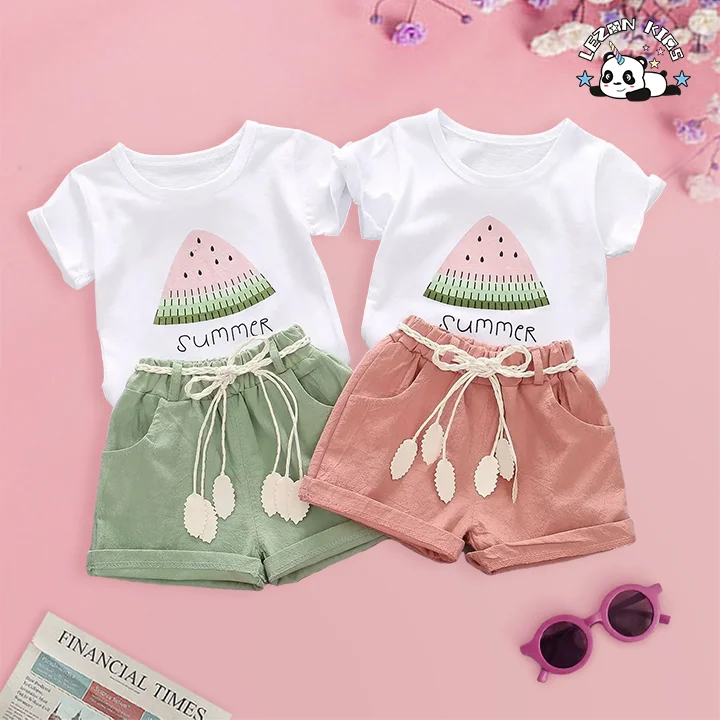 LEZONKIDS - Conjunto de Roupas de Verão para Meninas de 5-8 Anos com Estampa de Melancia, Camiseta de Manga Curta e Shorts, 2 Peças, Conjuntos de Roupas para Crianças